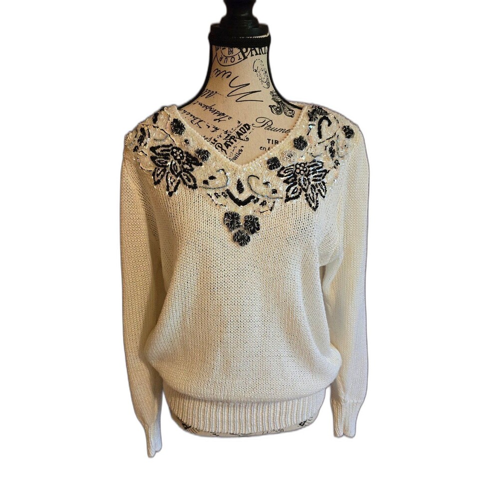 Vintage Vanna White cream artzy v-neck sweater with floral sequins rare M